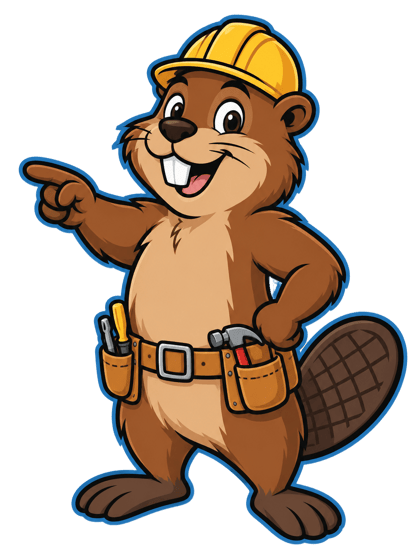 A cartoon beaver in a hard hat and tool belt, pointing at the headline