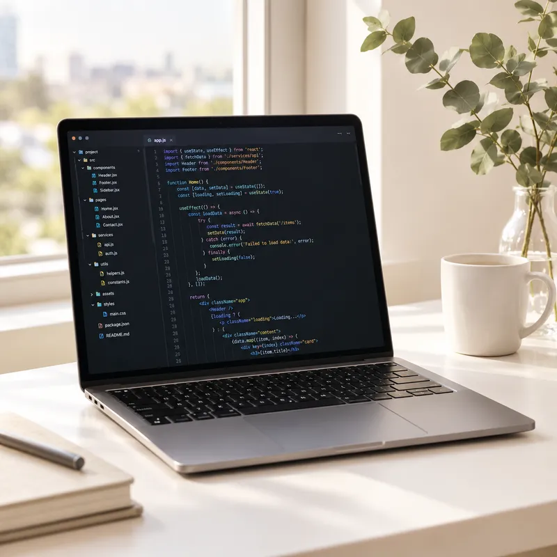 A laptop showing a code editor by a bright window