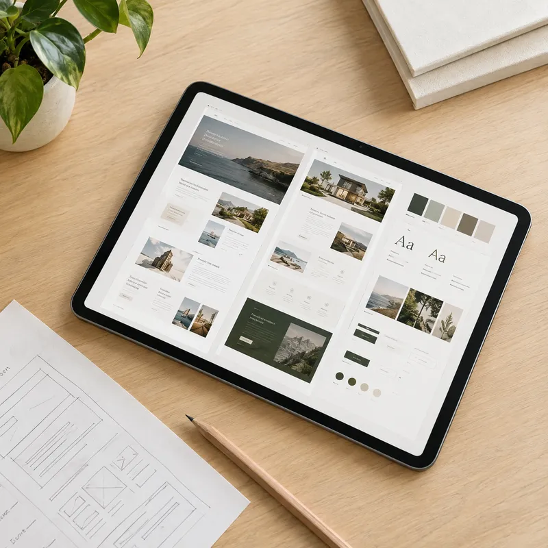 A tablet showing website page layouts, color swatches and type samples